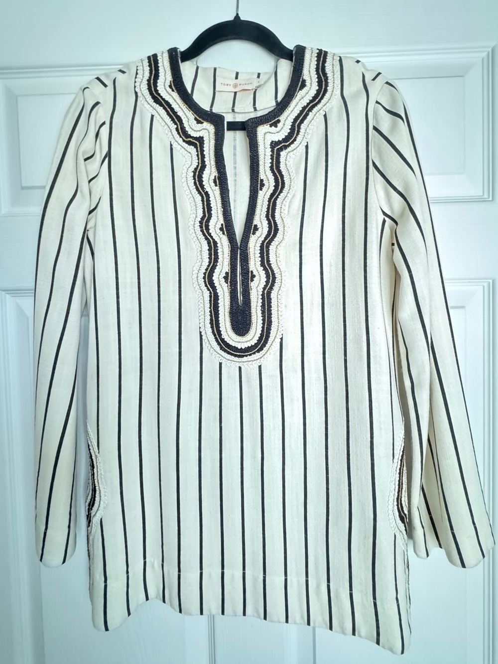 Tory Burch-Striped Ivory and Black Embroidered Tunic Top